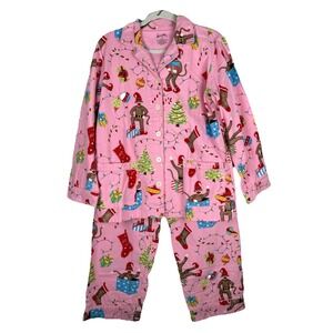 Nick & Nora Sleepwear Flannel Sock Monkey Christmas 2 Pc Pink Pajama Set Women M